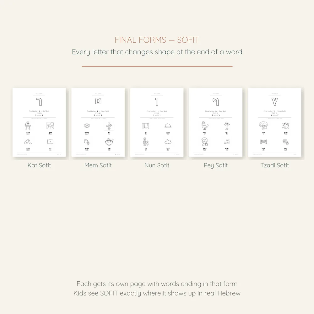 Hebrew Alphabet Coloring Pack — the final-form (sofit) letters spread