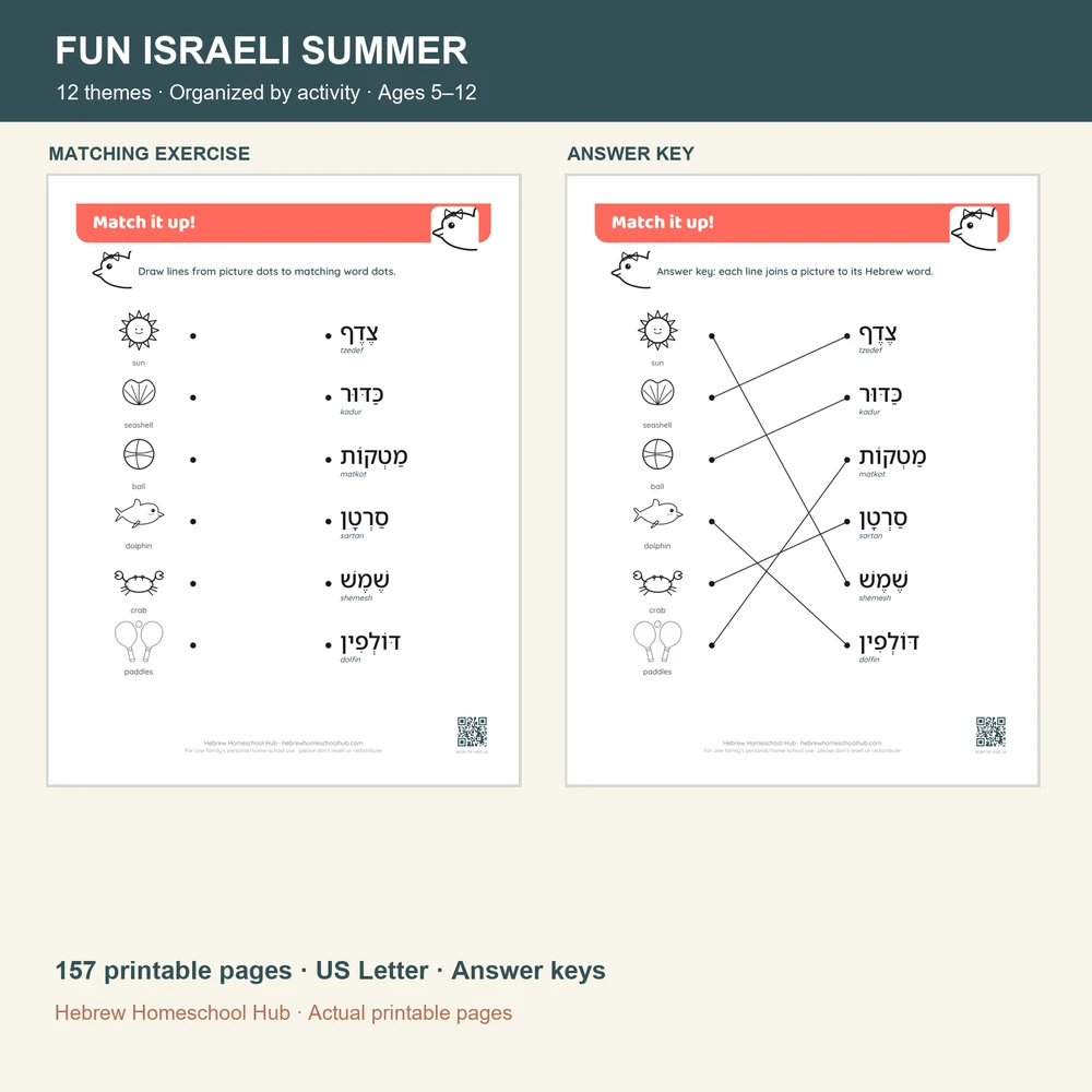 Full Summer workbook: matching exercise and its line-drawn answer key