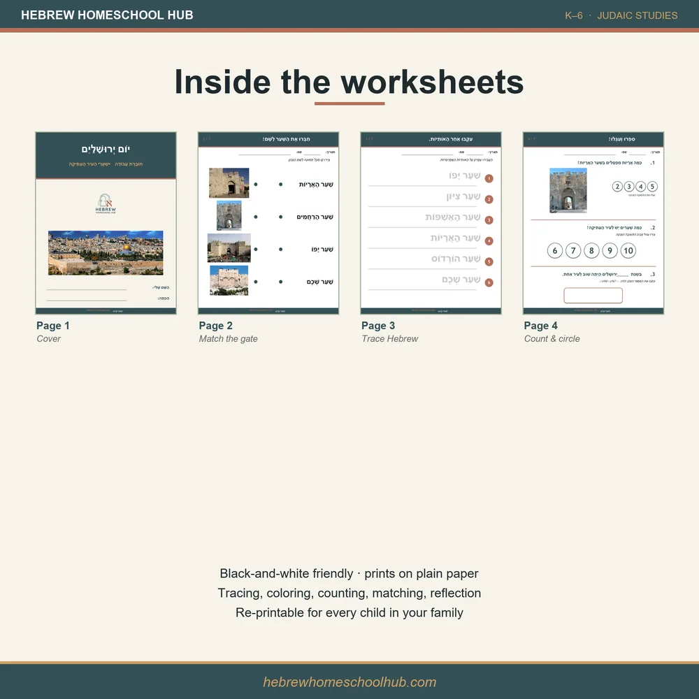 Yom Yerushalayim lesson pack — sample printable worksheet pages